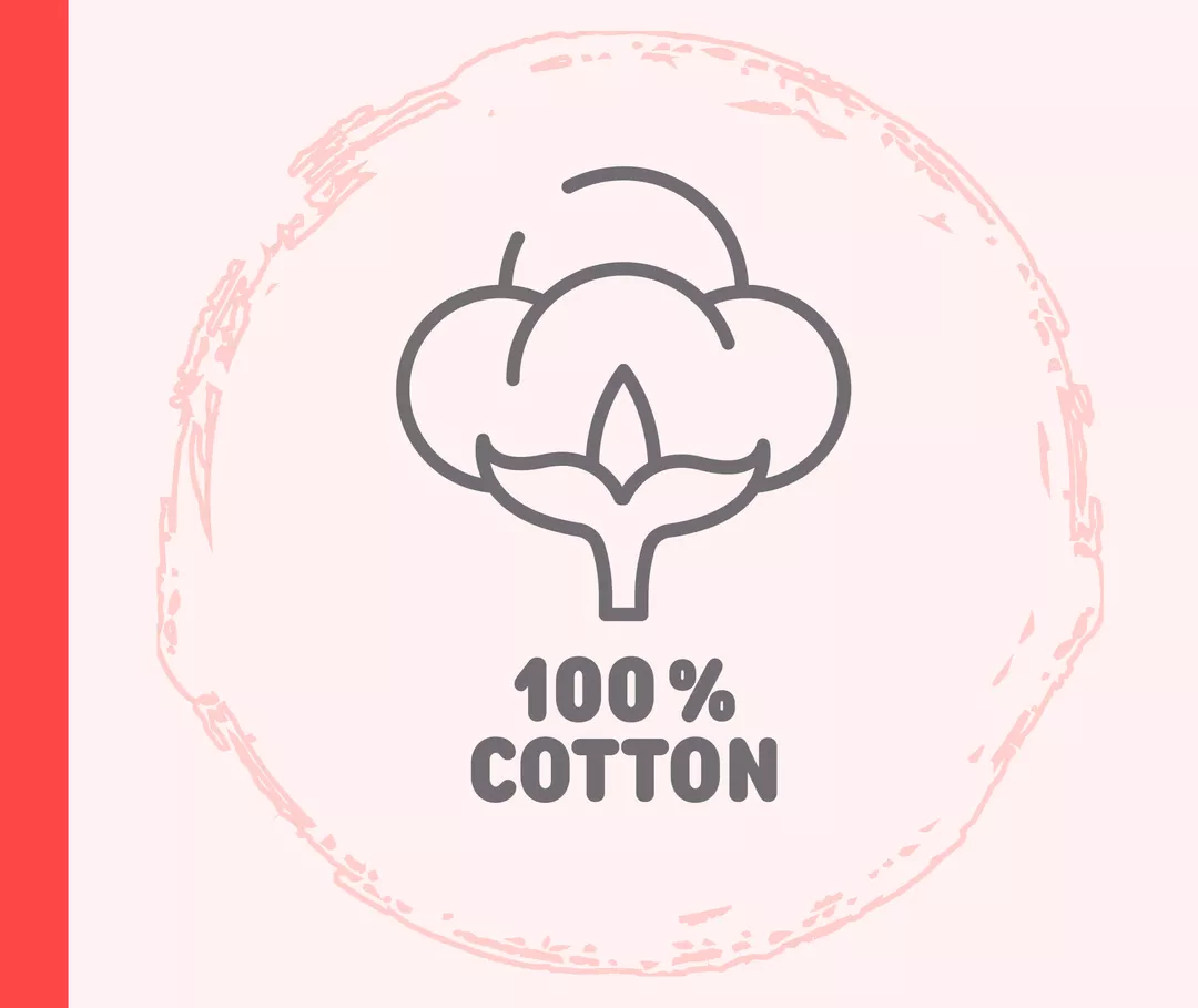 Grafik einer Baumwollblüte, darunter steht „100 % Cotton“ 