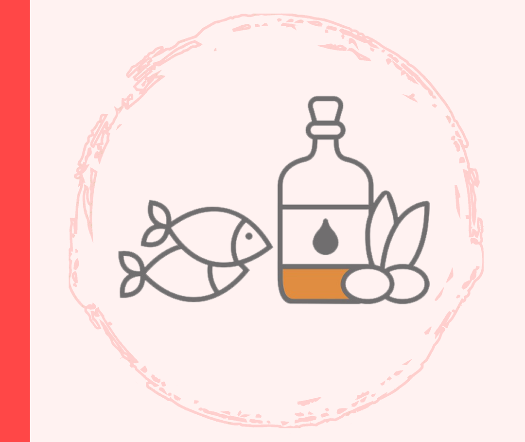 Grafik zweier Fische, einer Flasche Olivenöl und zweier Oliven.