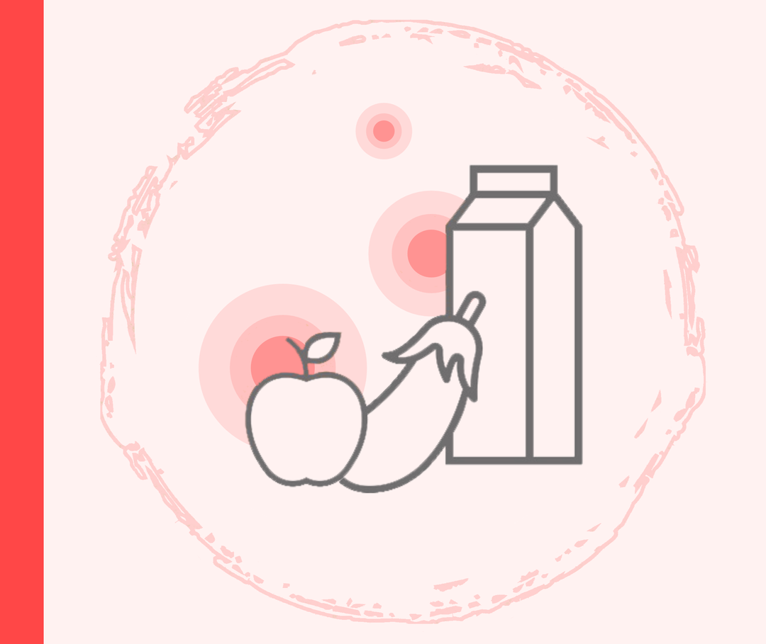 Eine Grafik einer Milchtüte, einer Aubergine und eines Apfels.