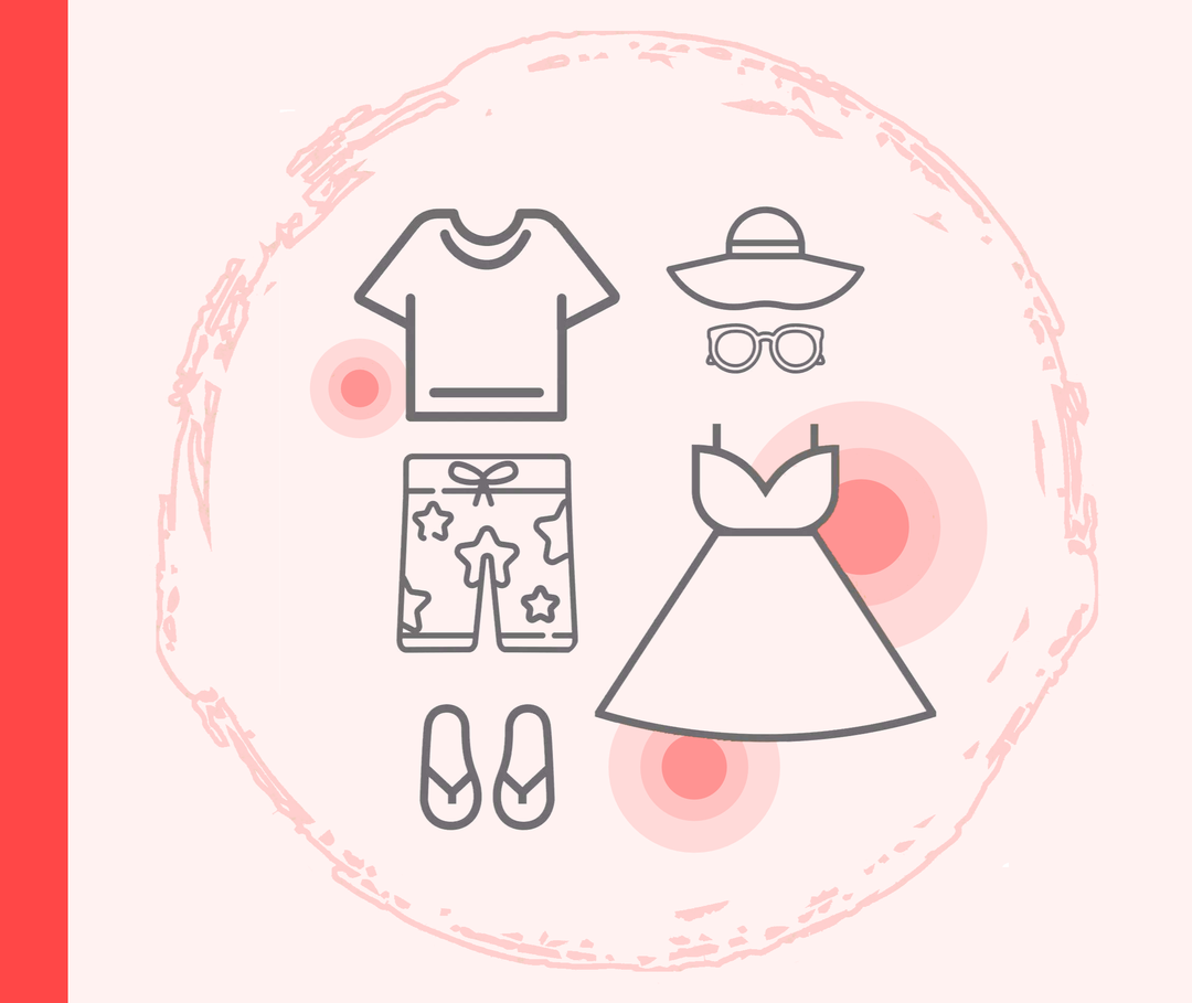 Grafik zweier Sommeroutfits, links für Männer, rechts für Frauen.