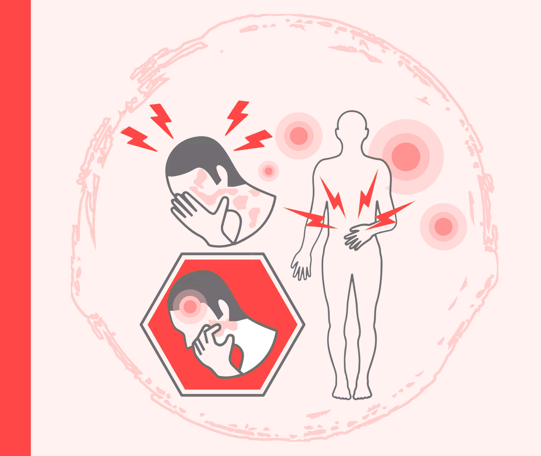Grafik dreier Personen. Von zweien ist nur der Kopfbereich zu sehen: Eine hält den Kopf in die Hände gestützt, weist orange Stellen im Gesicht auf und ist von Blitzen umgeben. Die andere Person kratzt sich im Gesichtsbereich. Die dritte Person ist im gesamten Umriss zu sehen und hält eine Hand über den von Blitzen umgebenen Bauch.