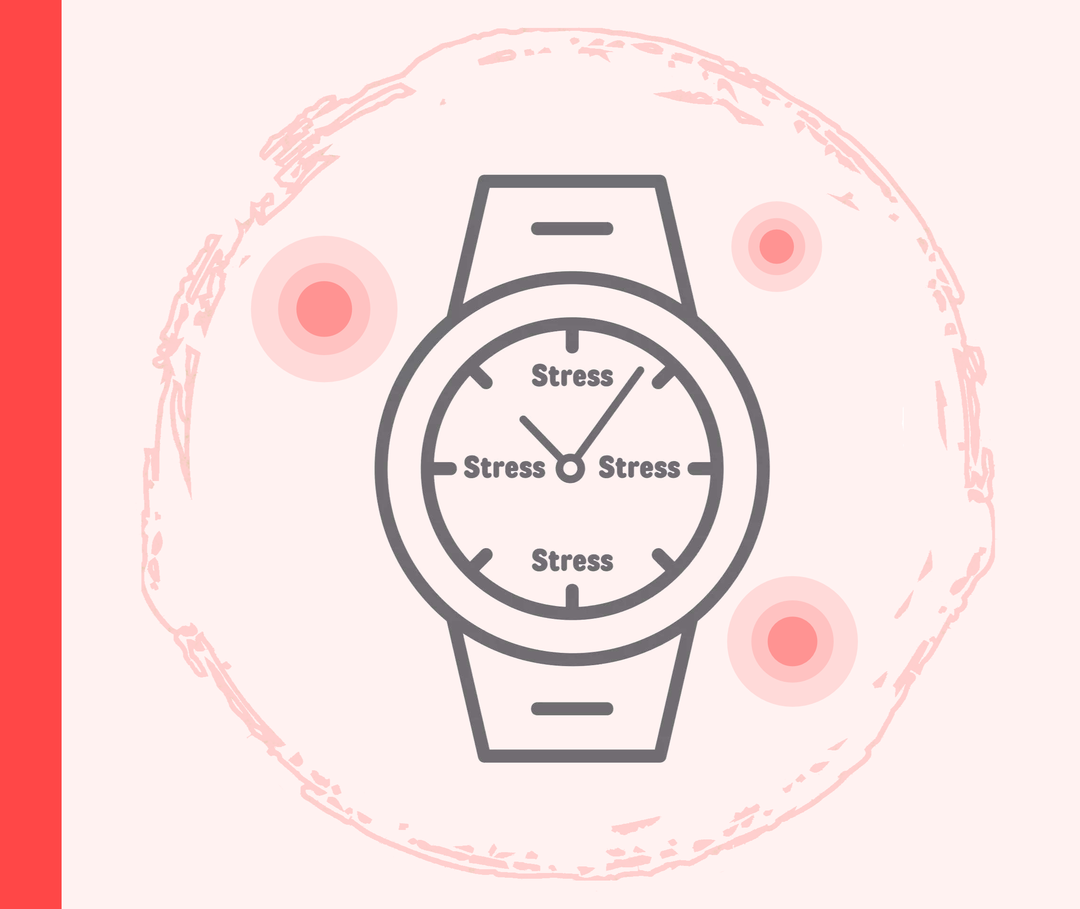 Grafik einer Uhr, auf der statt Ziffern viermal das Wort „Stress“ steht.