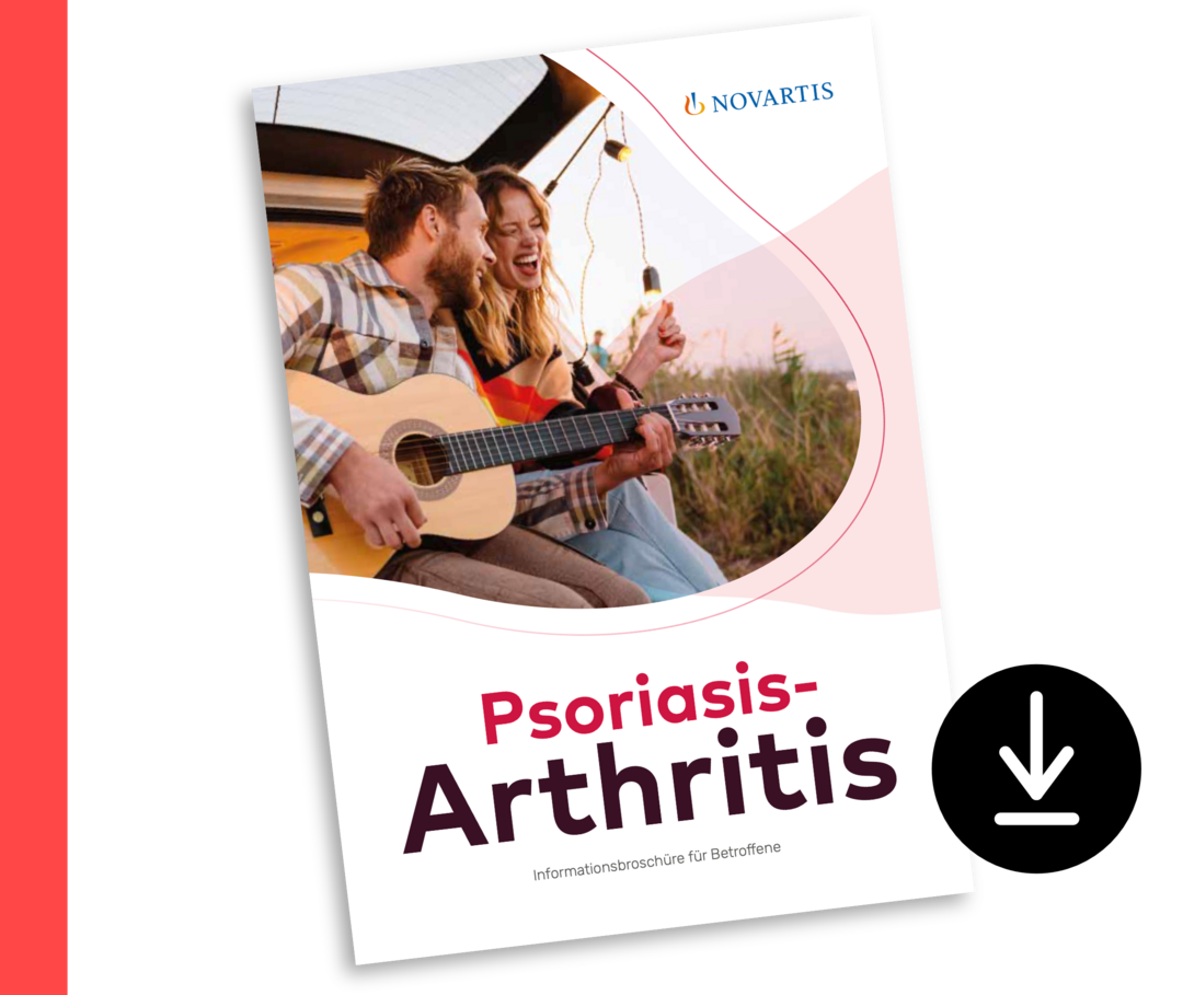 Bild der Patientenbroschüre zu Psoriasis-Arthritis. Darauf ein Foto eines Mannes, der Gitarre spielt. 