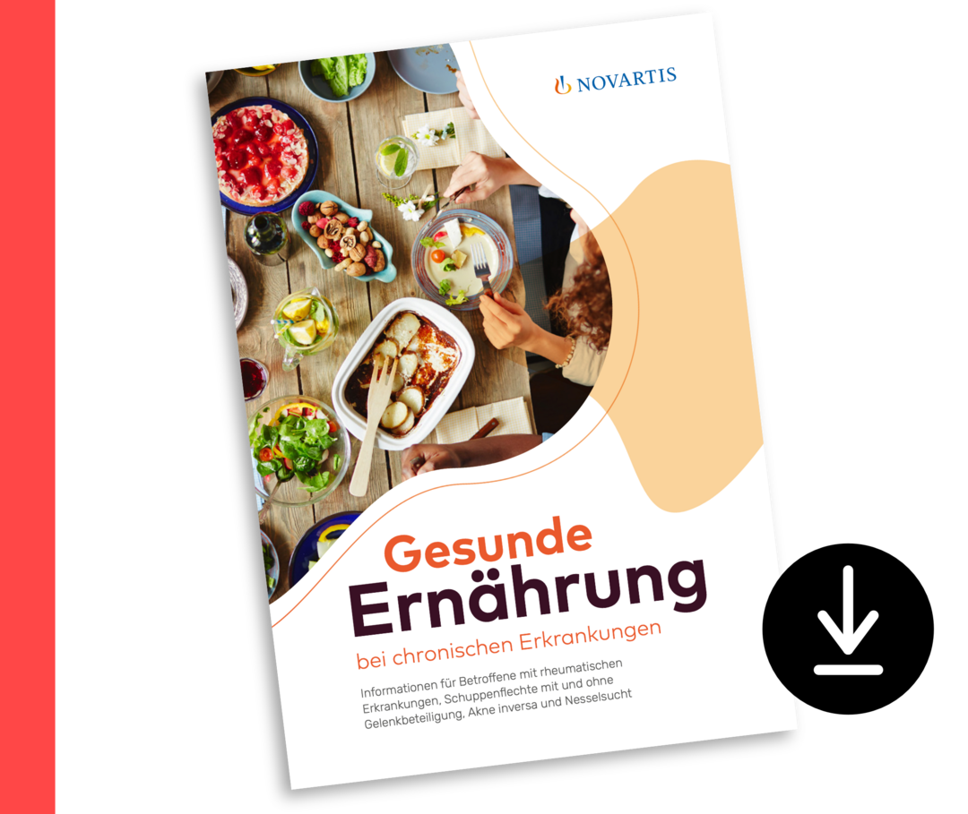 Die Patientenbroschüre zu Ernährung. Auf dem Cover sind verschiedene Gemüsesorten so gelegt, dass sie ein Herz formen.