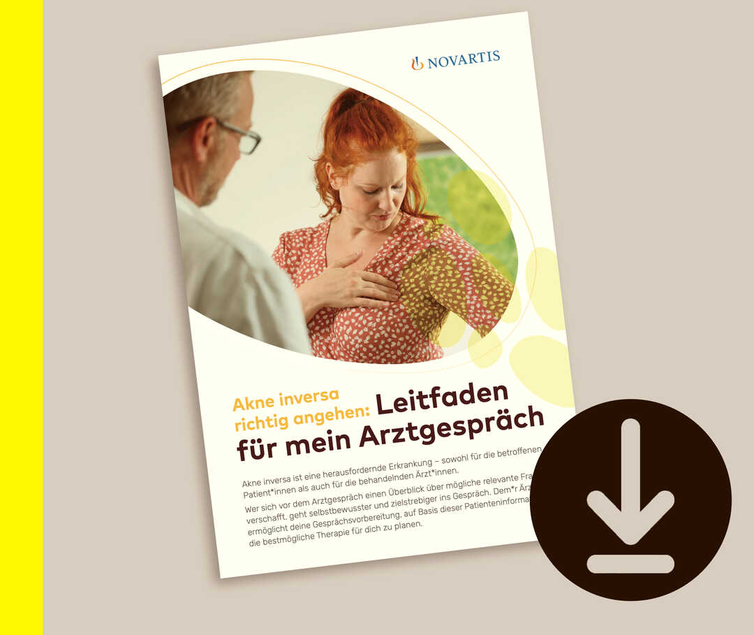 Vorschaubild der ersten Seite eines Gesprächsleitfadens zur Therapie bei Akne inversa.