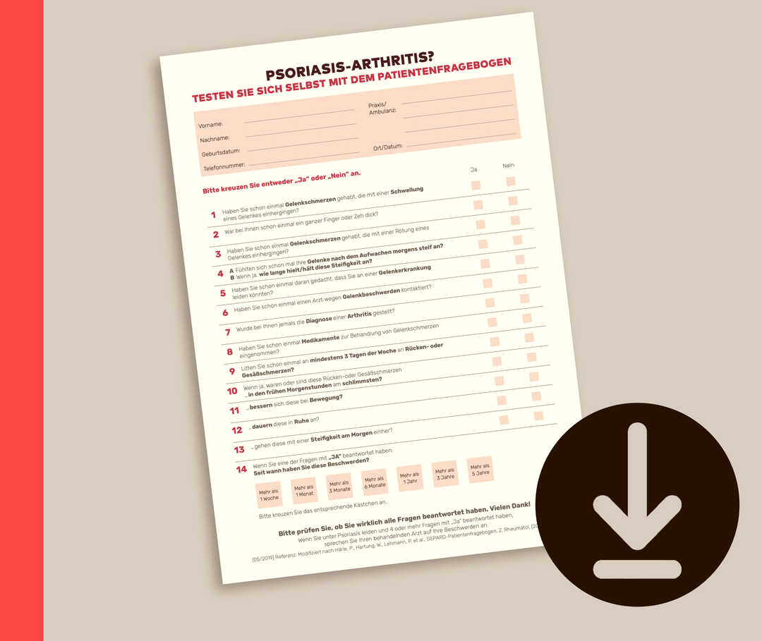 Abbildung des Formulars „Psoriasis-Arthritis? Testen Sie sich selbst mit dem Patientenfragebogen“. 