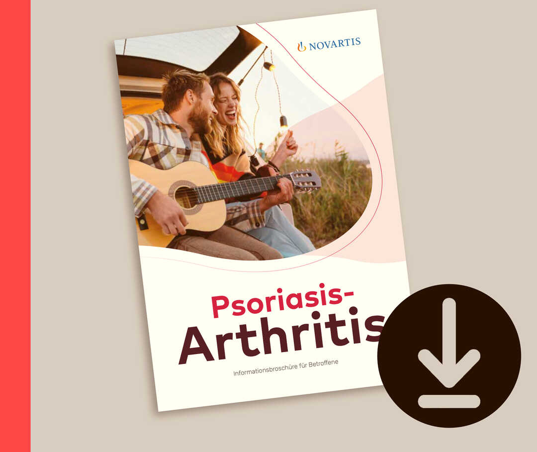 Bild der Patientenbroschüre zu Psoriasis-Arthritis. Darauf ein Foto eines Mannes, der Gitarre spielt.