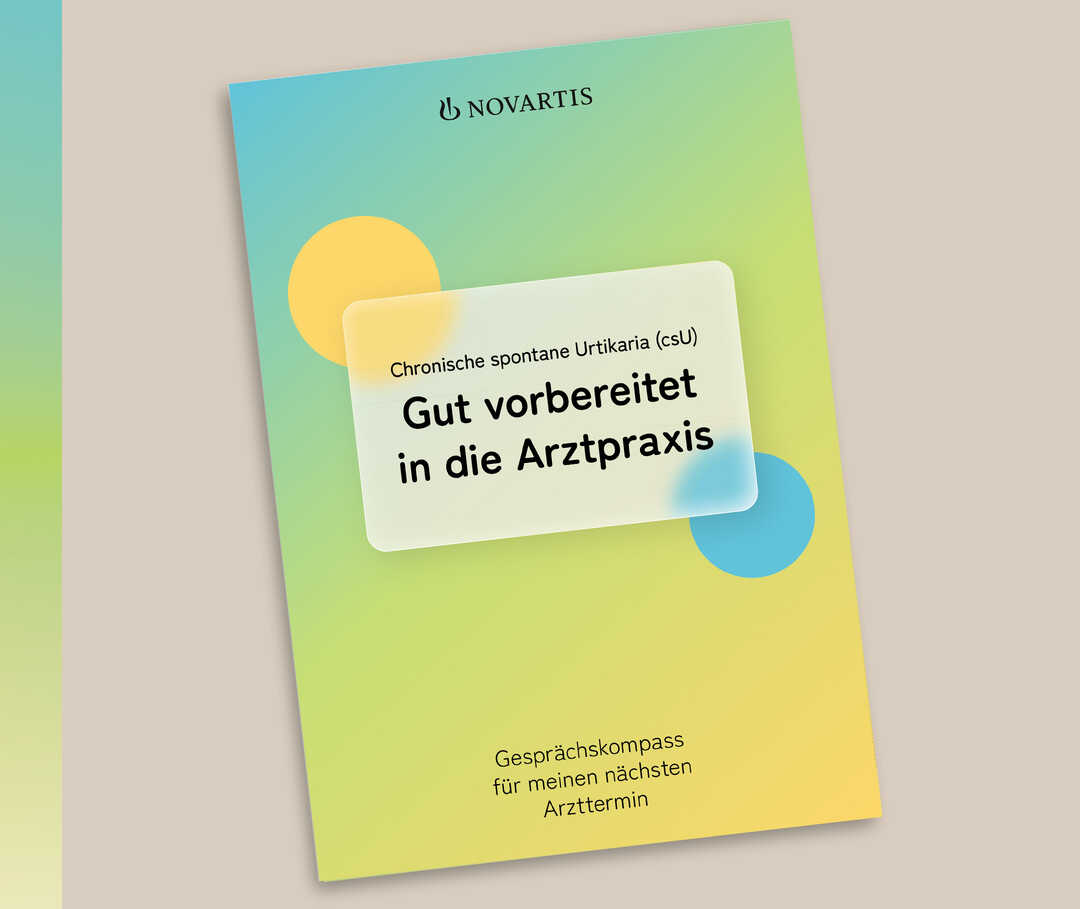 Titelbild des Ratgebers „Chronische spontane Urtikaria (csU): Gut vorbereitet in die Arztpraxis“.