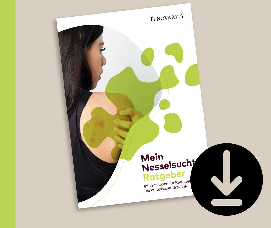 Titelbild der Broschüre Mein Nesselsucht-Ratgeber: Informationen für Betroffene mit chronischer Urtikaria.