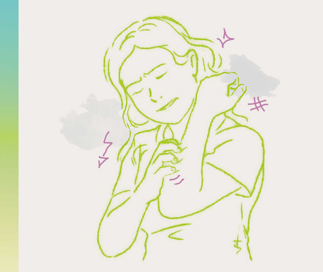Illustration einer Frau, die sich am Arm kratzt.