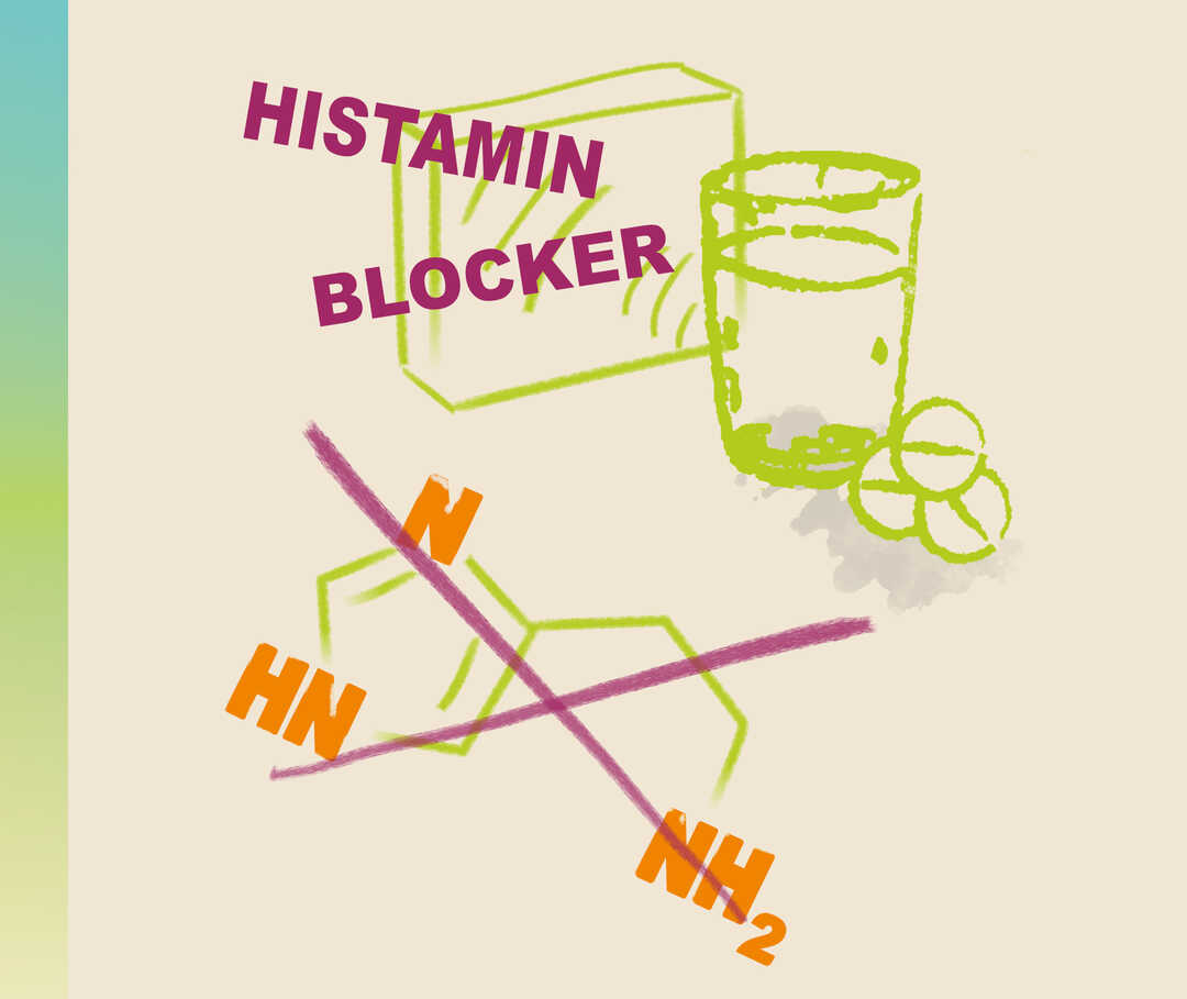 Illustration von Antihistaminika mit den Wörtern: Histamin und Blocker